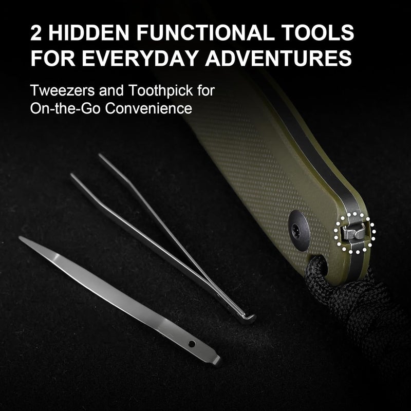 KIZER سكين ثابتة من دروب بير، شفرة D2 بطول 2.57 بوصة بتشطيب أسود، سكين تخييم EDC مع مقبض G10 باللون الأخضر الزيتوني وأداة مخفية، سكاكين صيد وبقاء كاملة، مع غلاف كايدكس قابل للتعديل، 1094M1 - Image 3